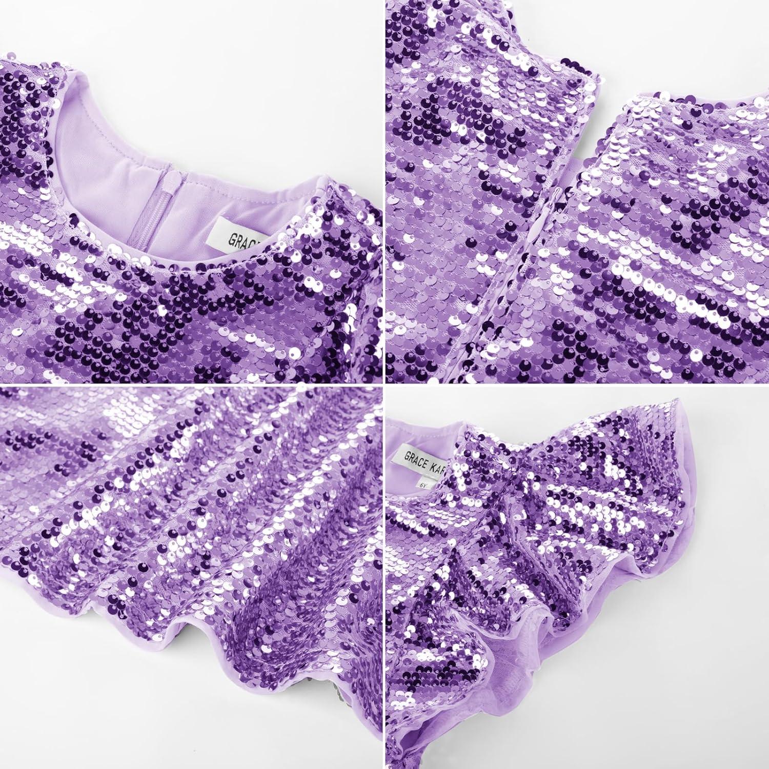 imageGRACE KARIN Girls Flutter Sleeve Sequin Dresses Kids Crew Neck Sparkly Fancy Formal Party Dress with Hairbow 512 YearsPurple