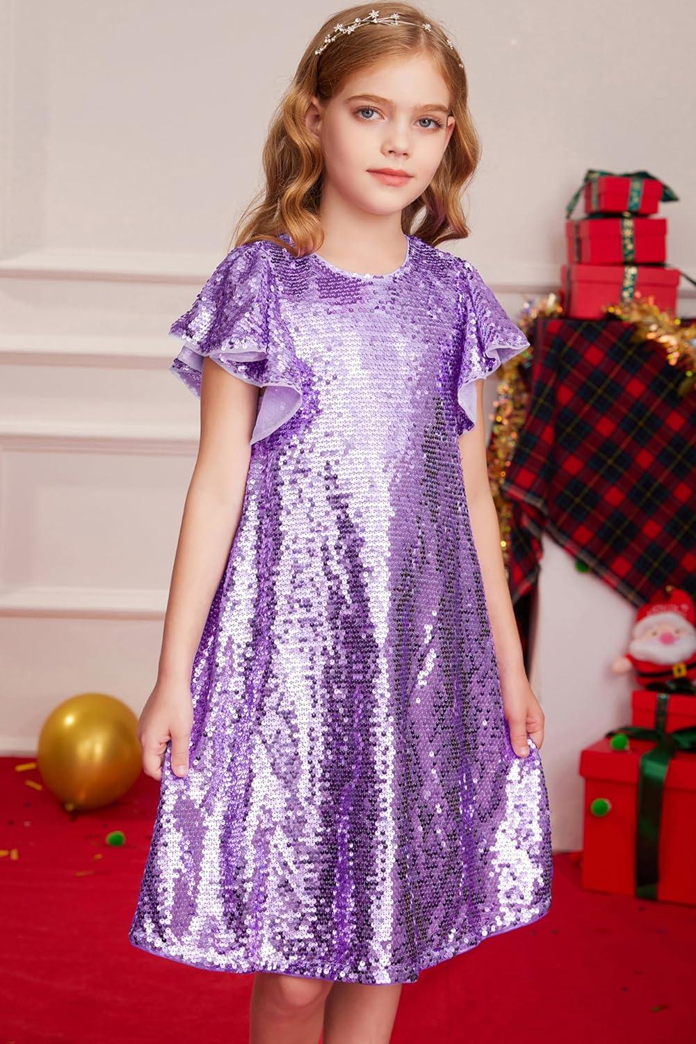 imageGRACE KARIN Girls Flutter Sleeve Sequin Dresses Kids Crew Neck Sparkly Fancy Formal Party Dress with Hairbow 512 YearsPurple