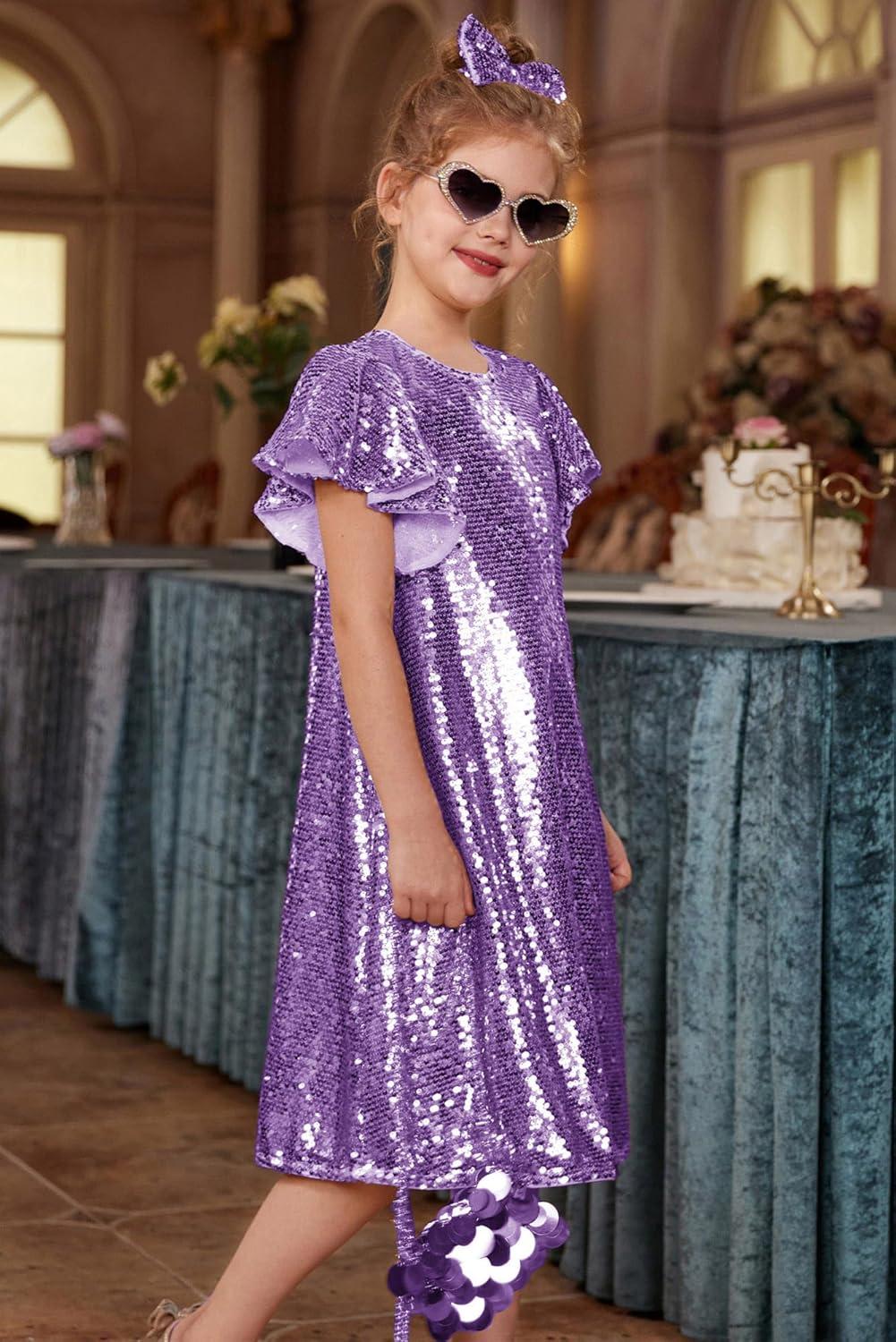 imageGRACE KARIN Girls Flutter Sleeve Sequin Dresses Kids Crew Neck Sparkly Fancy Formal Party Dress with Hairbow 512 YearsPurple