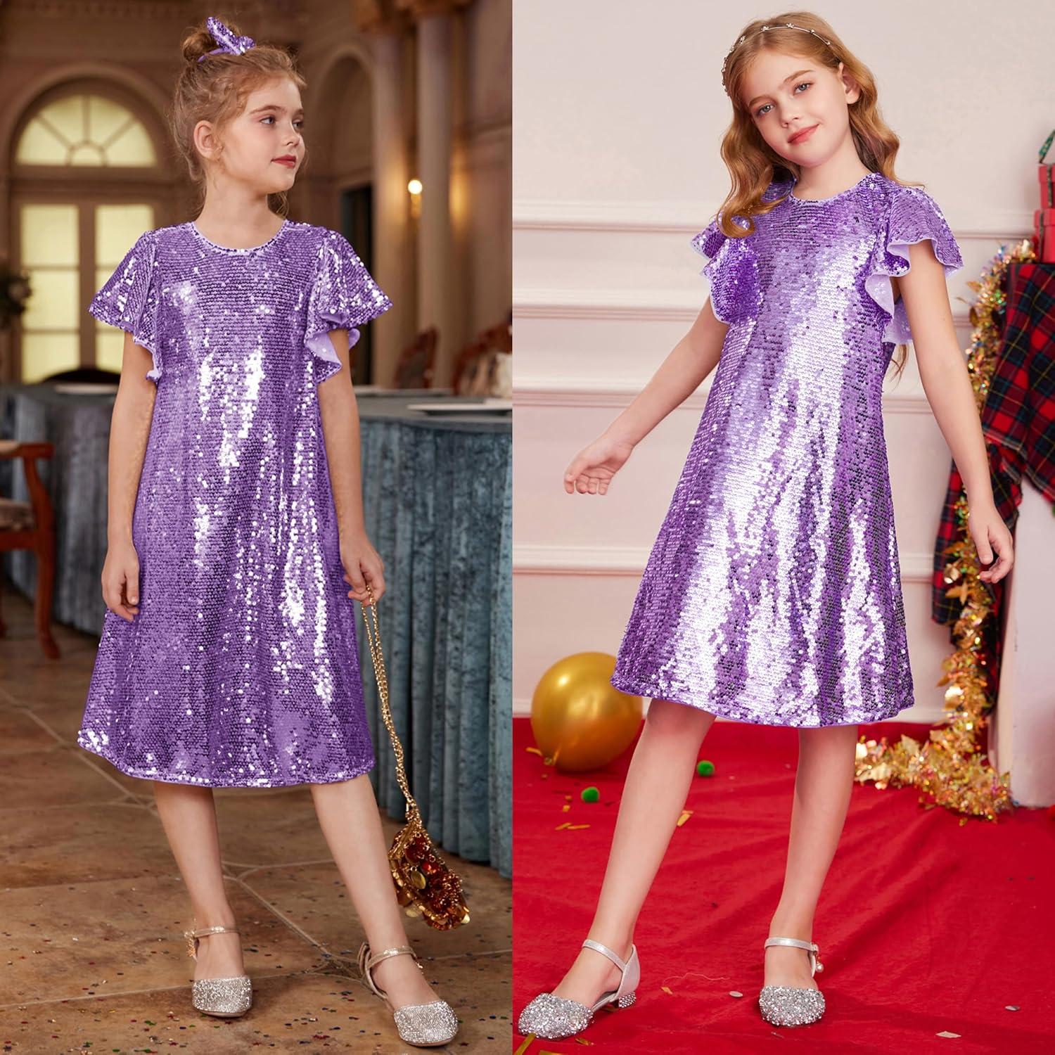 imageGRACE KARIN Girls Flutter Sleeve Sequin Dresses Kids Crew Neck Sparkly Fancy Formal Party Dress with Hairbow 512 YearsPurple