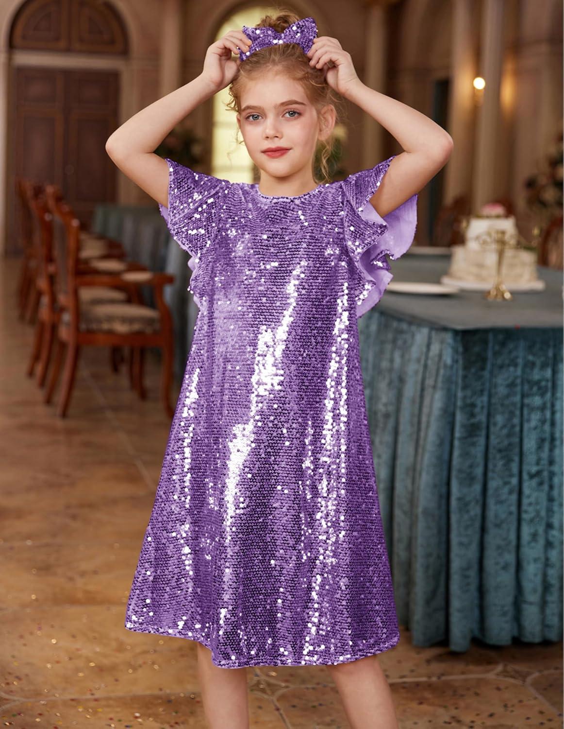 imageGRACE KARIN Girls Flutter Sleeve Sequin Dresses Kids Crew Neck Sparkly Fancy Formal Party Dress with Hairbow 512 YearsPurple