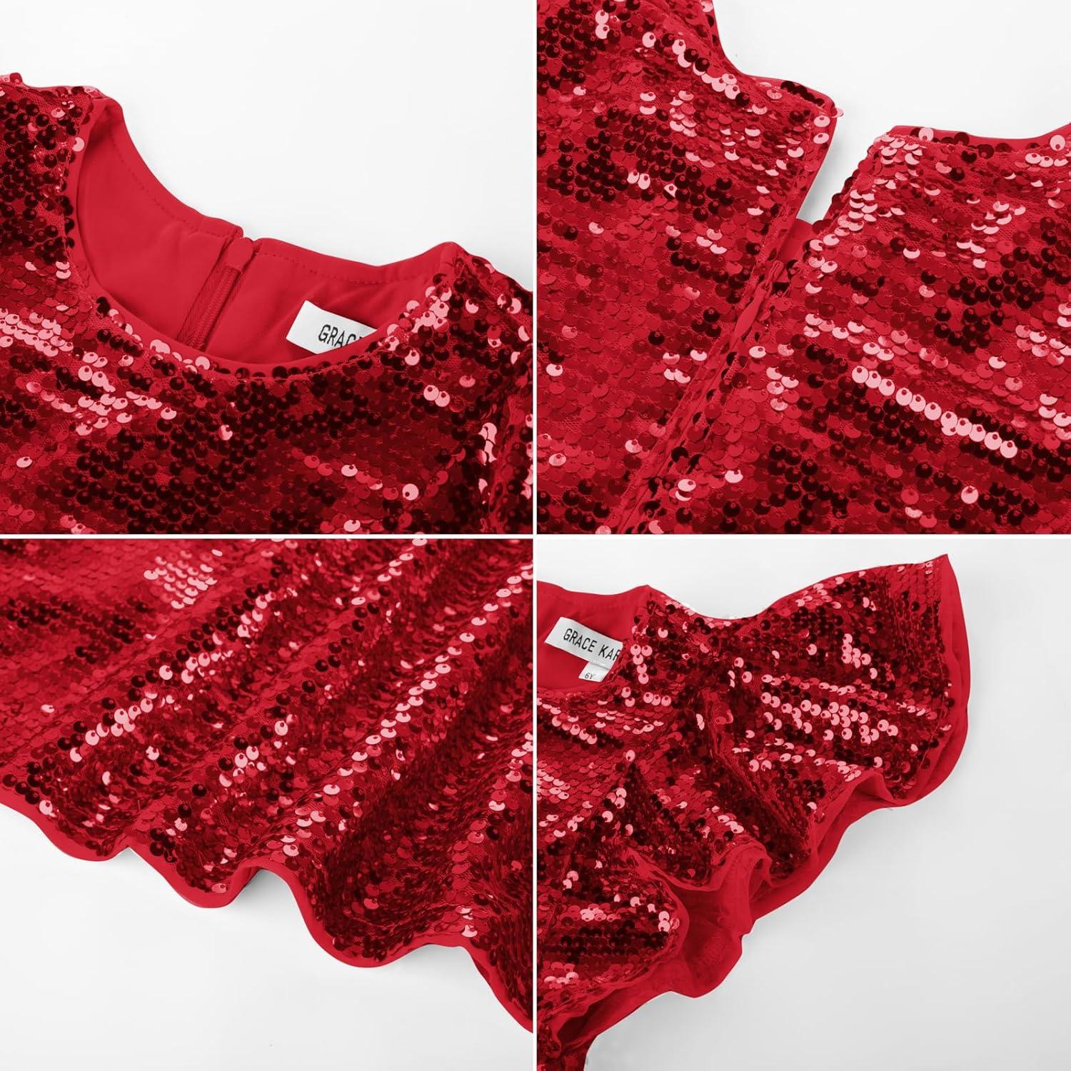 imageGRACE KARIN Girls Flutter Sleeve Sequin Dresses Kids Crew Neck Sparkly Fancy Formal Party Dress with Hairbow 512 YearsRed