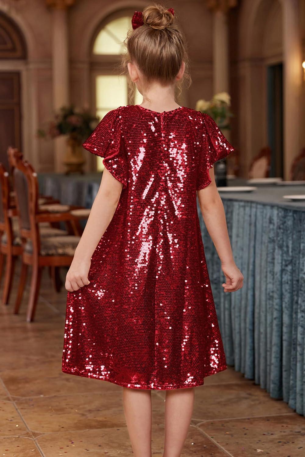 imageGRACE KARIN Girls Flutter Sleeve Sequin Dresses Kids Crew Neck Sparkly Fancy Formal Party Dress with Hairbow 512 YearsRed