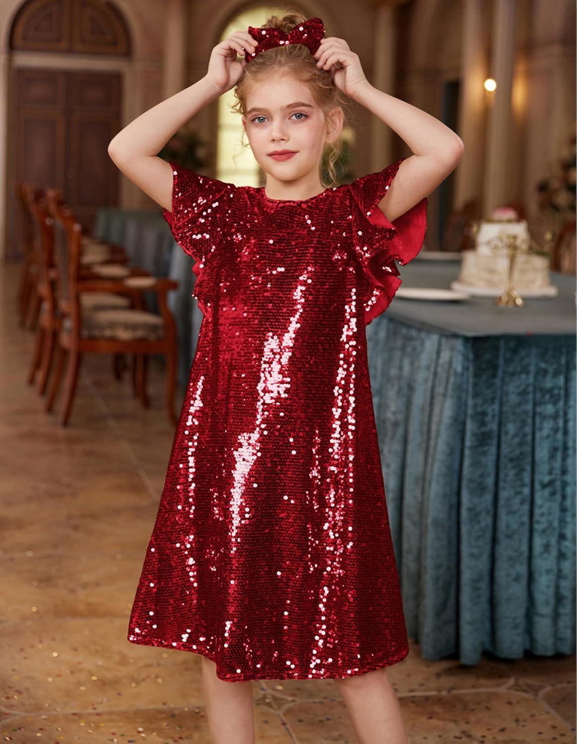 imageGRACE KARIN Girls Flutter Sleeve Sequin Dresses Kids Crew Neck Sparkly Fancy Formal Party Dress with Hairbow 512 YearsRed