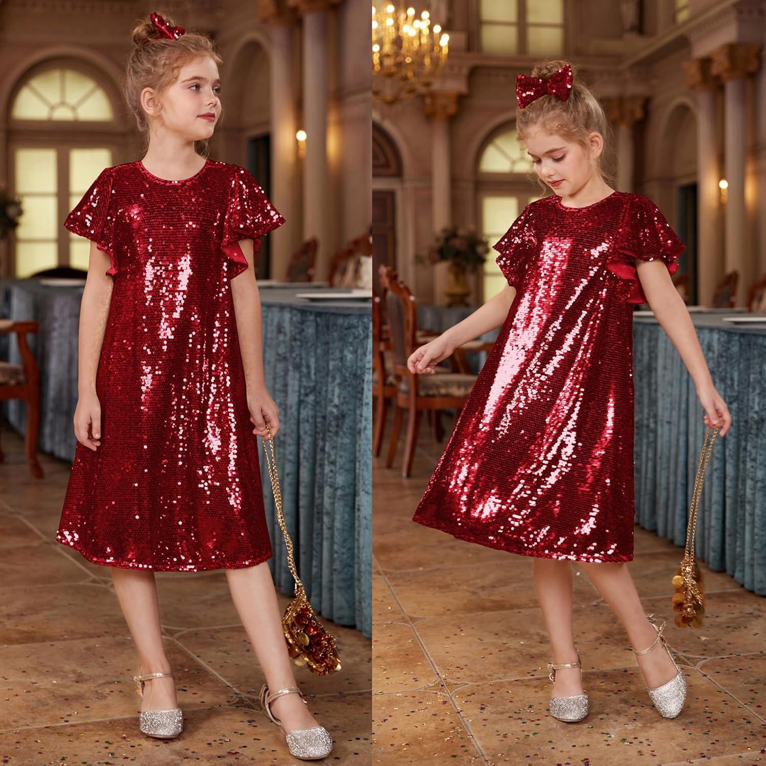 imageGRACE KARIN Girls Flutter Sleeve Sequin Dresses Kids Crew Neck Sparkly Fancy Formal Party Dress with Hairbow 512 YearsRed