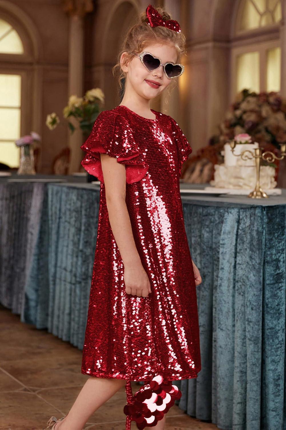 imageGRACE KARIN Girls Flutter Sleeve Sequin Dresses Kids Crew Neck Sparkly Fancy Formal Party Dress with Hairbow 512 YearsRed