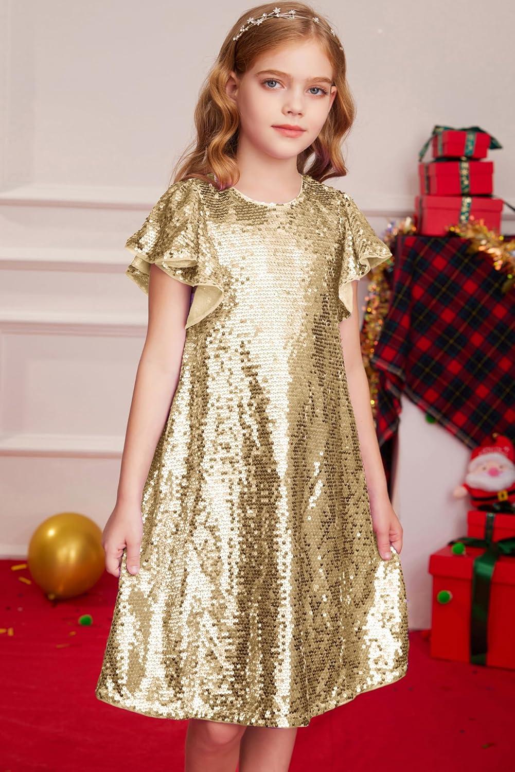 imageGRACE KARIN Girls Flutter Sleeve Sequin Dresses Kids Crew Neck Sparkly Fancy Formal Party Dress with Hairbow 512 YearsRose Gold