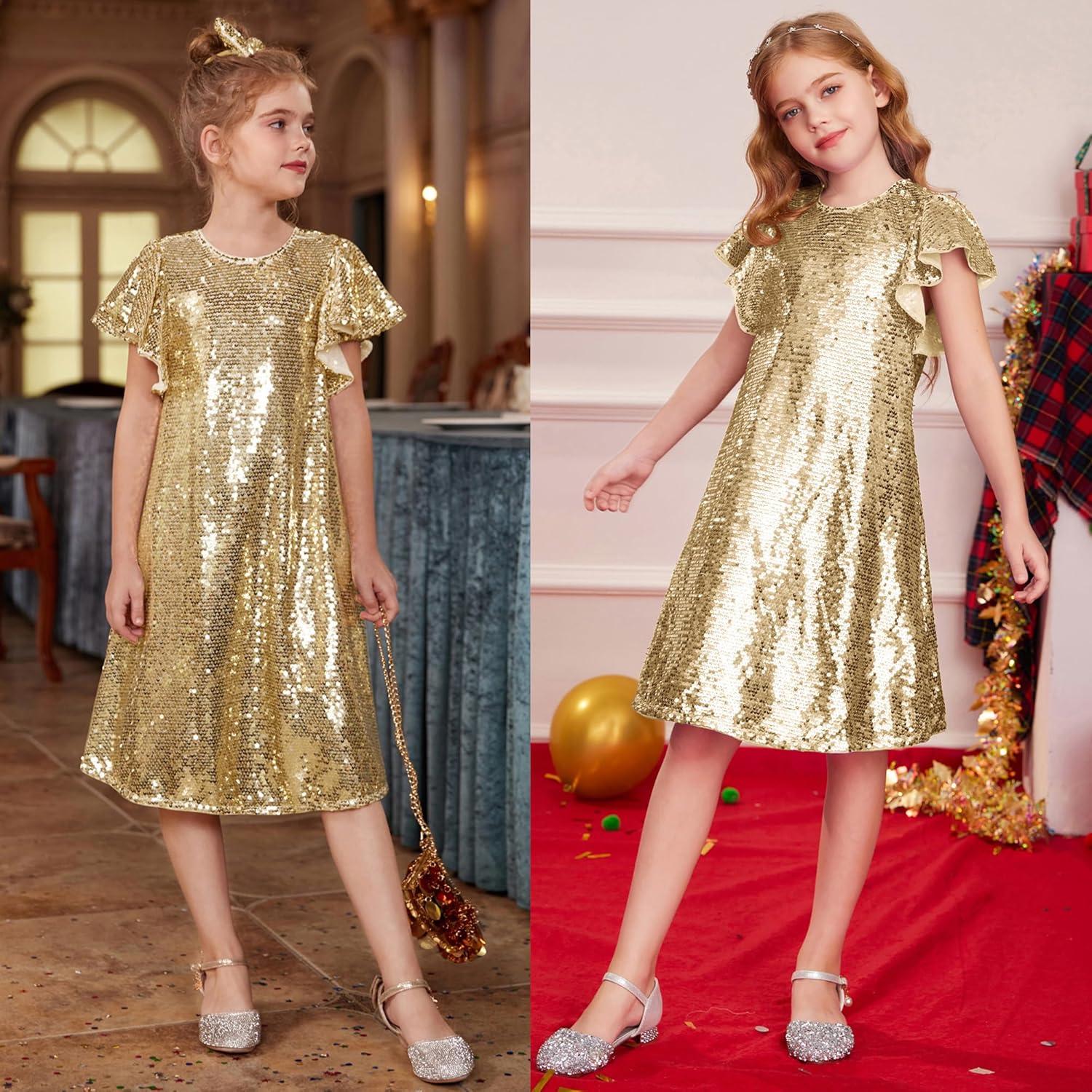 imageGRACE KARIN Girls Flutter Sleeve Sequin Dresses Kids Crew Neck Sparkly Fancy Formal Party Dress with Hairbow 512 YearsRose Gold