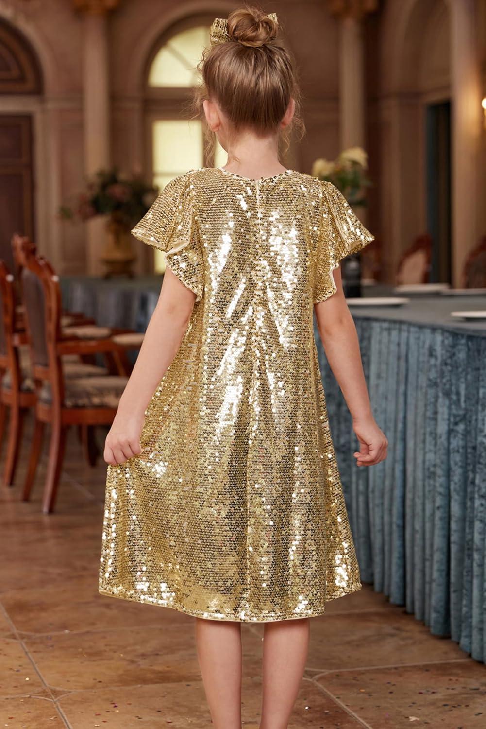 imageGRACE KARIN Girls Flutter Sleeve Sequin Dresses Kids Crew Neck Sparkly Fancy Formal Party Dress with Hairbow 512 YearsRose Gold