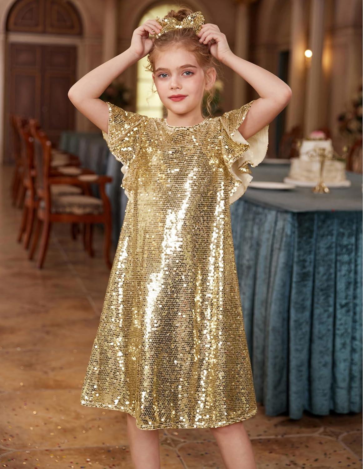 imageGRACE KARIN Girls Flutter Sleeve Sequin Dresses Kids Crew Neck Sparkly Fancy Formal Party Dress with Hairbow 512 YearsRose Gold