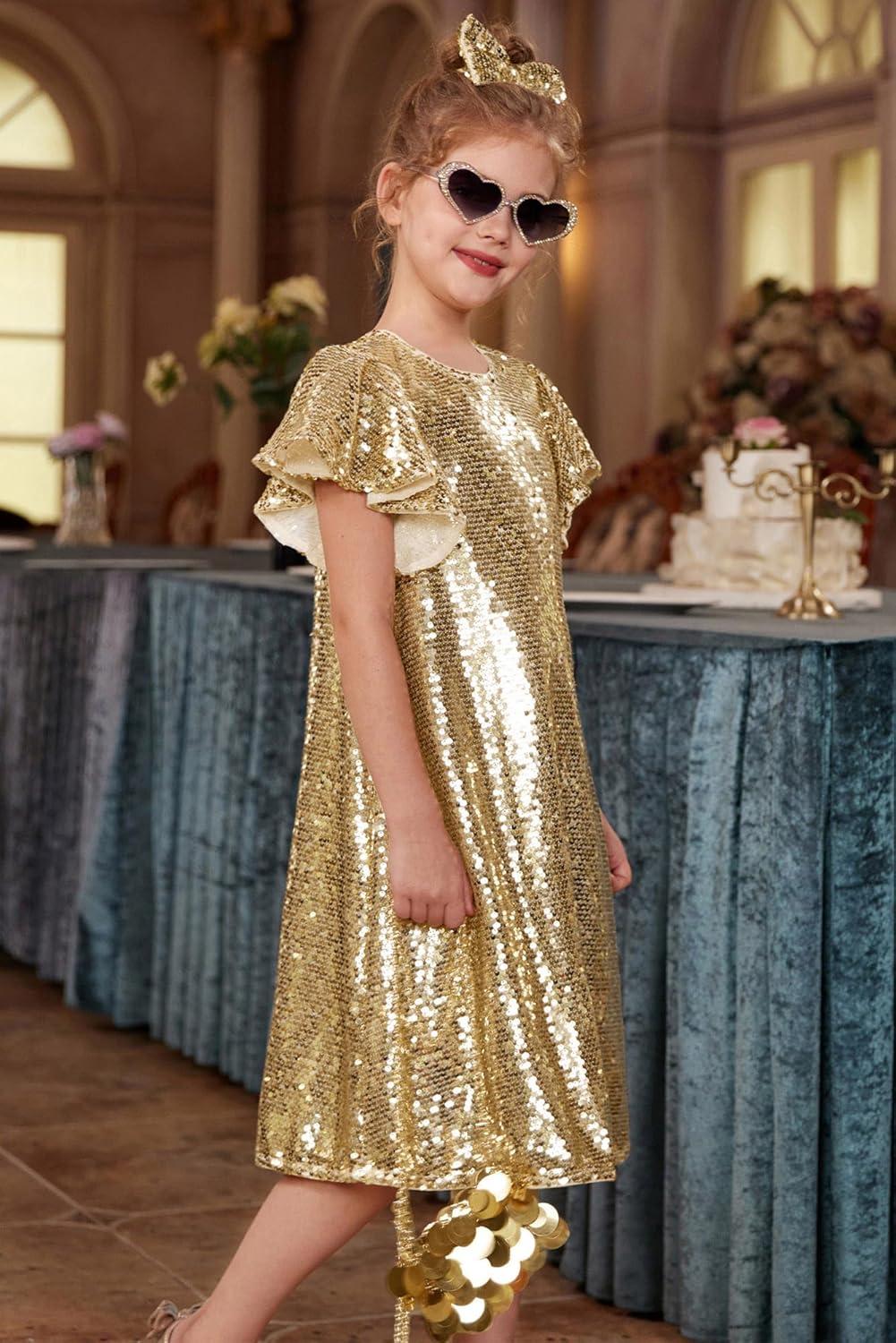 imageGRACE KARIN Girls Flutter Sleeve Sequin Dresses Kids Crew Neck Sparkly Fancy Formal Party Dress with Hairbow 512 YearsRose Gold