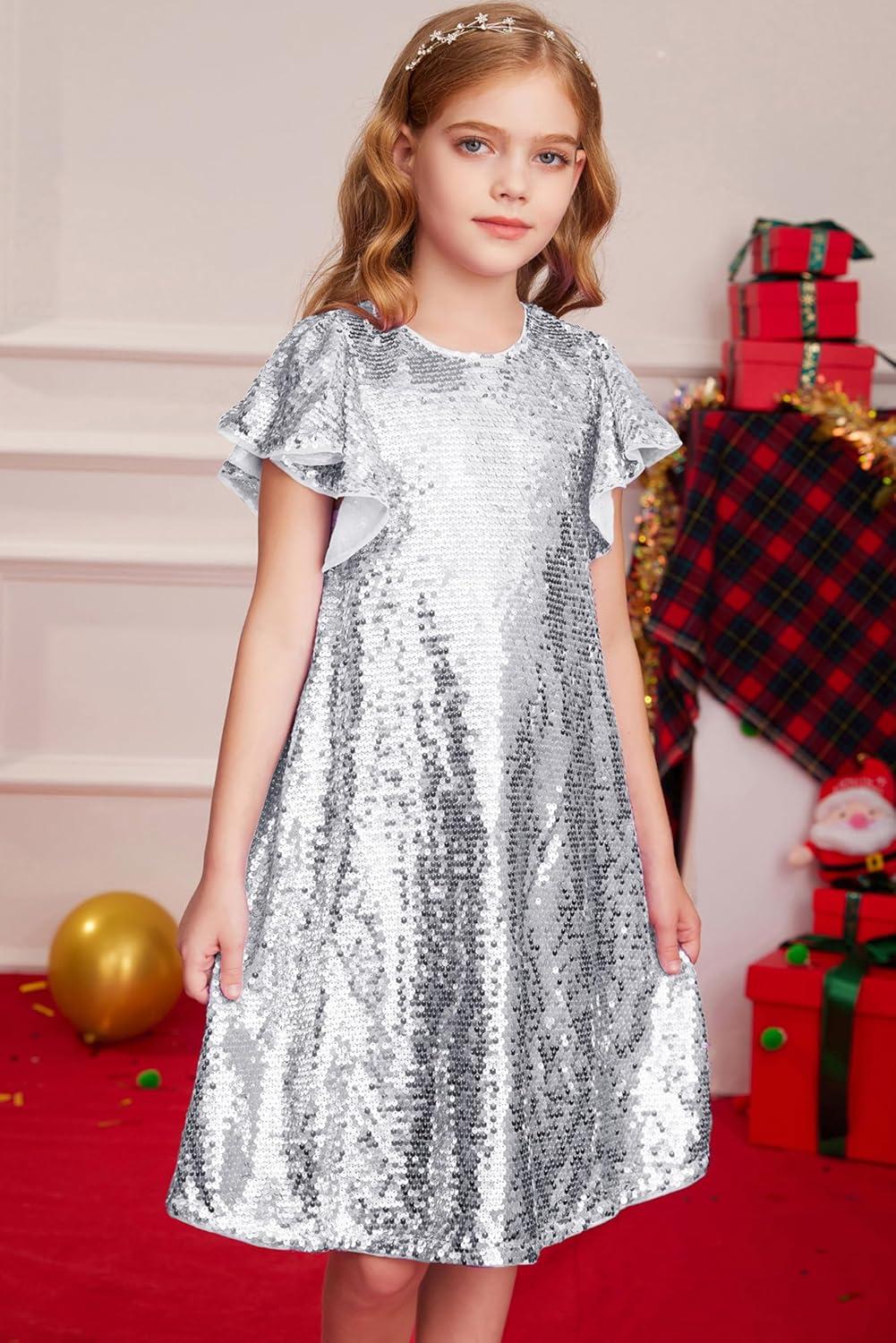 imageGRACE KARIN Girls Flutter Sleeve Sequin Dresses Kids Crew Neck Sparkly Fancy Formal Party Dress with Hairbow 512 YearsSilver