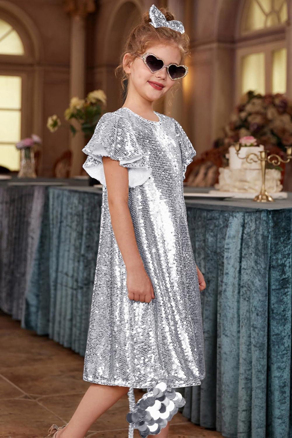 imageGRACE KARIN Girls Flutter Sleeve Sequin Dresses Kids Crew Neck Sparkly Fancy Formal Party Dress with Hairbow 512 YearsSilver