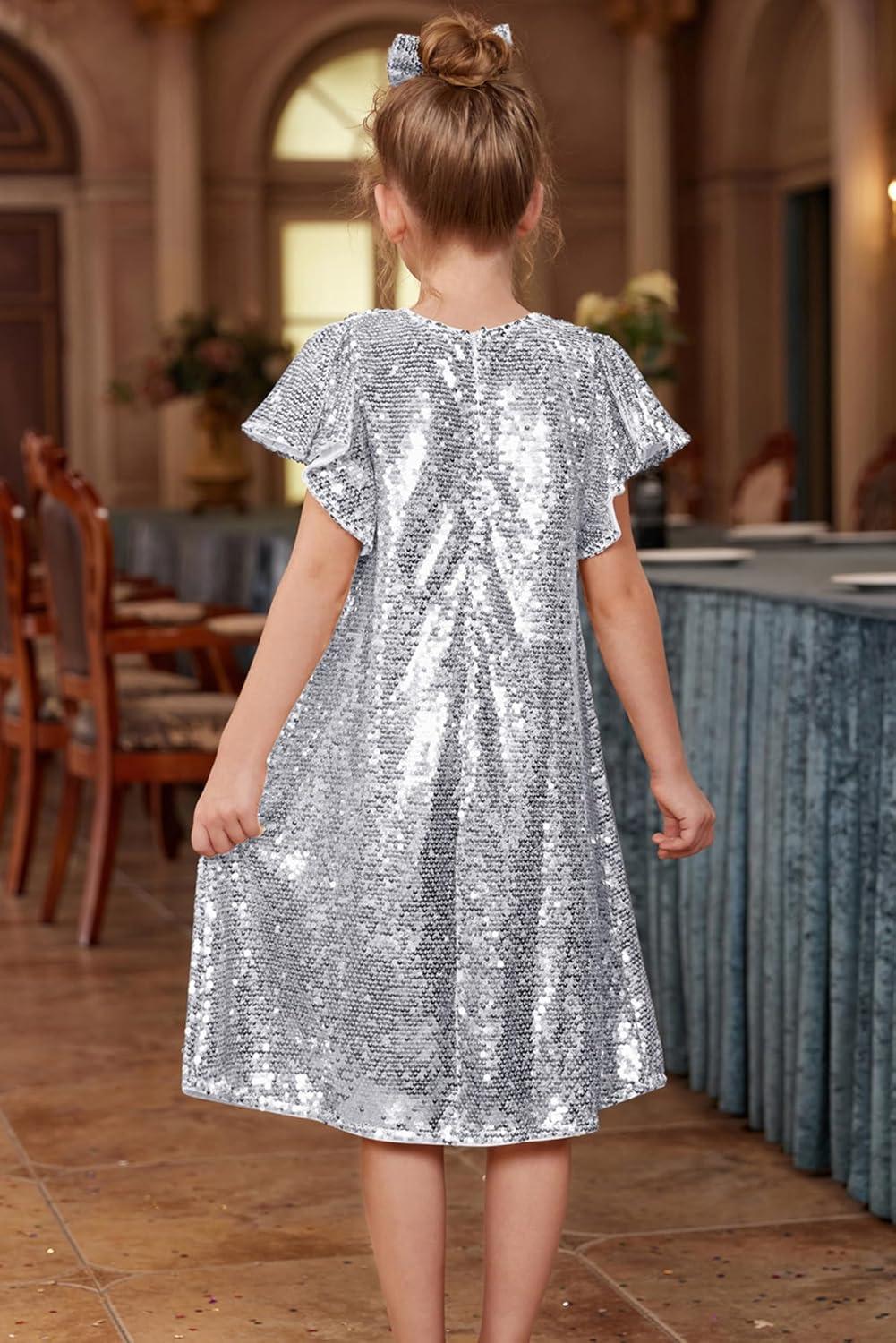 imageGRACE KARIN Girls Flutter Sleeve Sequin Dresses Kids Crew Neck Sparkly Fancy Formal Party Dress with Hairbow 512 YearsSilver