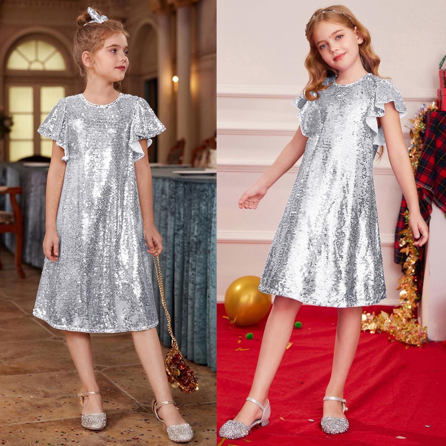 imageGRACE KARIN Girls Flutter Sleeve Sequin Dresses Kids Crew Neck Sparkly Fancy Formal Party Dress with Hairbow 512 YearsSilver