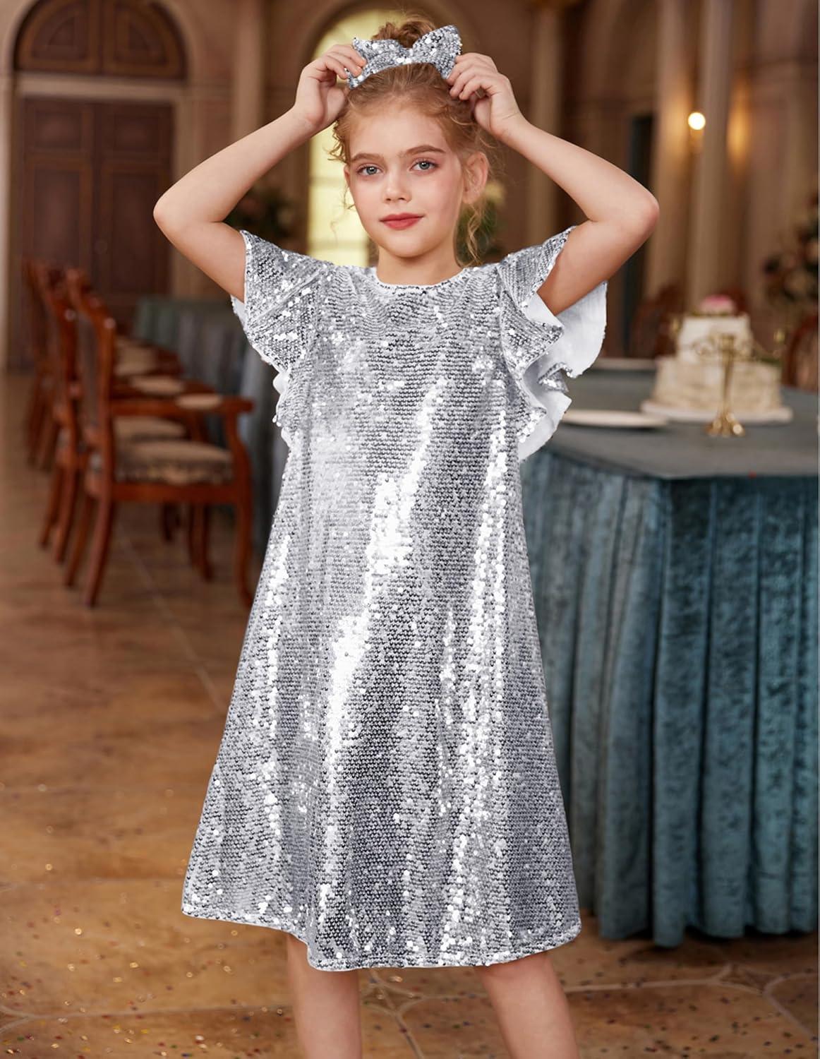 imageGRACE KARIN Girls Flutter Sleeve Sequin Dresses Kids Crew Neck Sparkly Fancy Formal Party Dress with Hairbow 512 YearsSilver