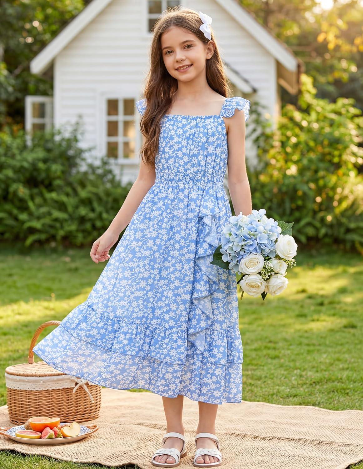 imageGRACE KARIN Girls Flutter Sleeve Smocked Floral Dresses Kids Easter Spring Summer Dress Teen Hawaiian Maxi Long DressesBlue Floral