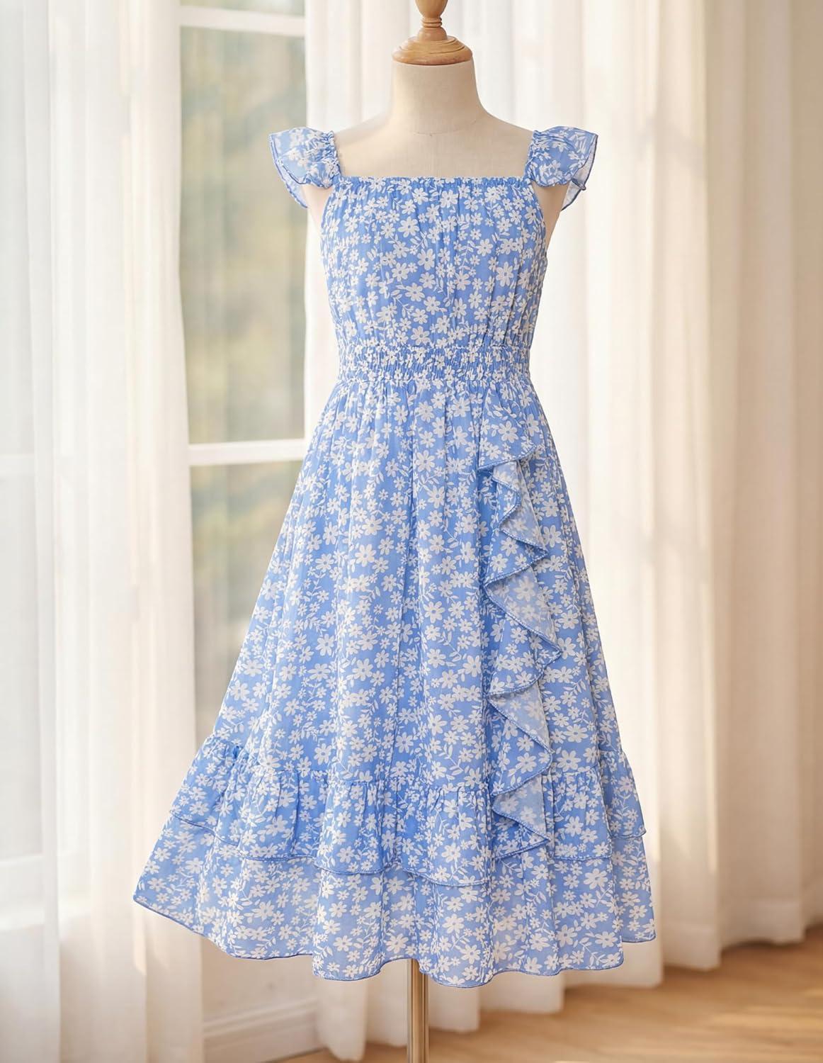 imageGRACE KARIN Girls Flutter Sleeve Smocked Floral Dresses Kids Easter Spring Summer Dress Teen Hawaiian Maxi Long DressesBlue Floral