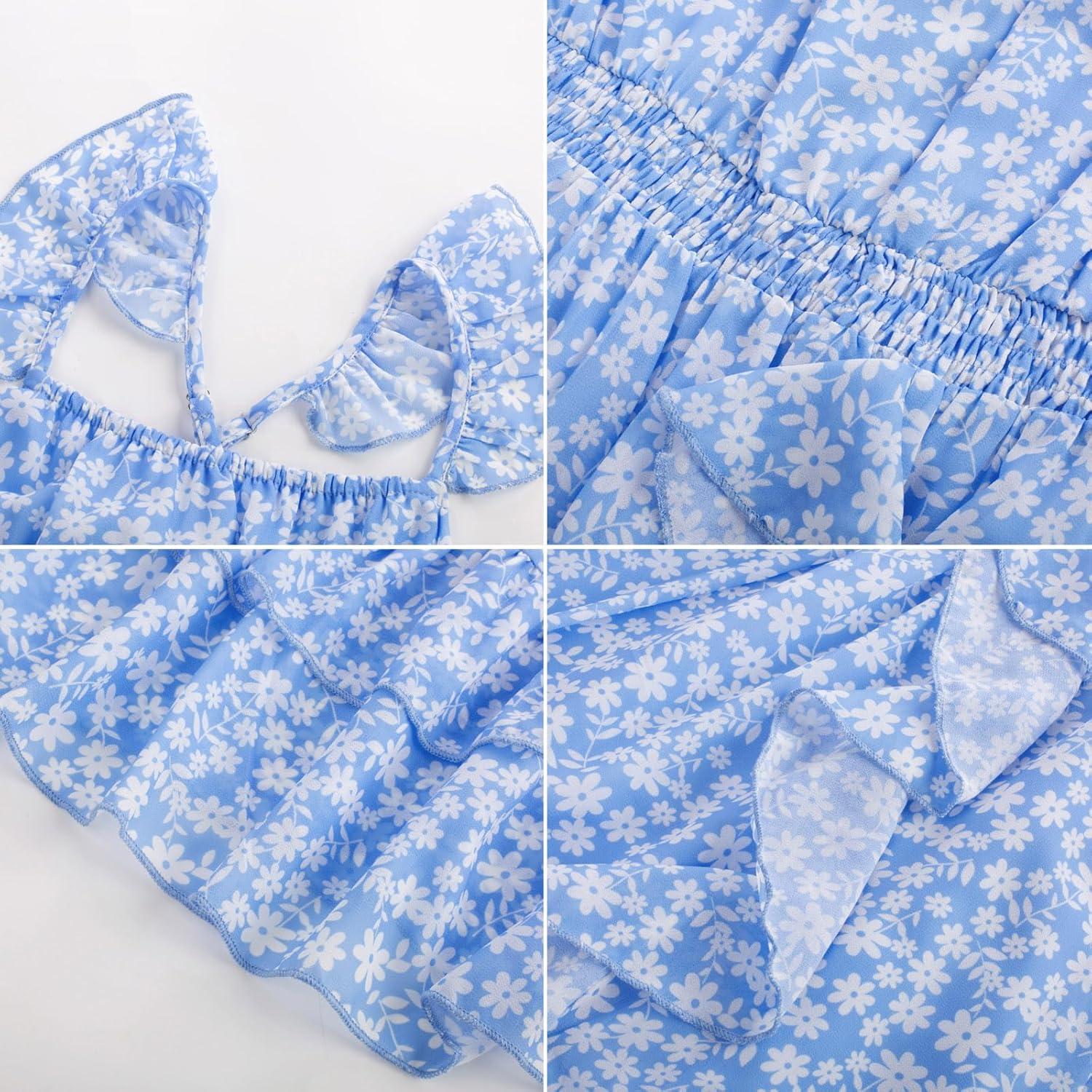 imageGRACE KARIN Girls Flutter Sleeve Smocked Floral Dresses Kids Easter Spring Summer Dress Teen Hawaiian Maxi Long DressesBlue Floral