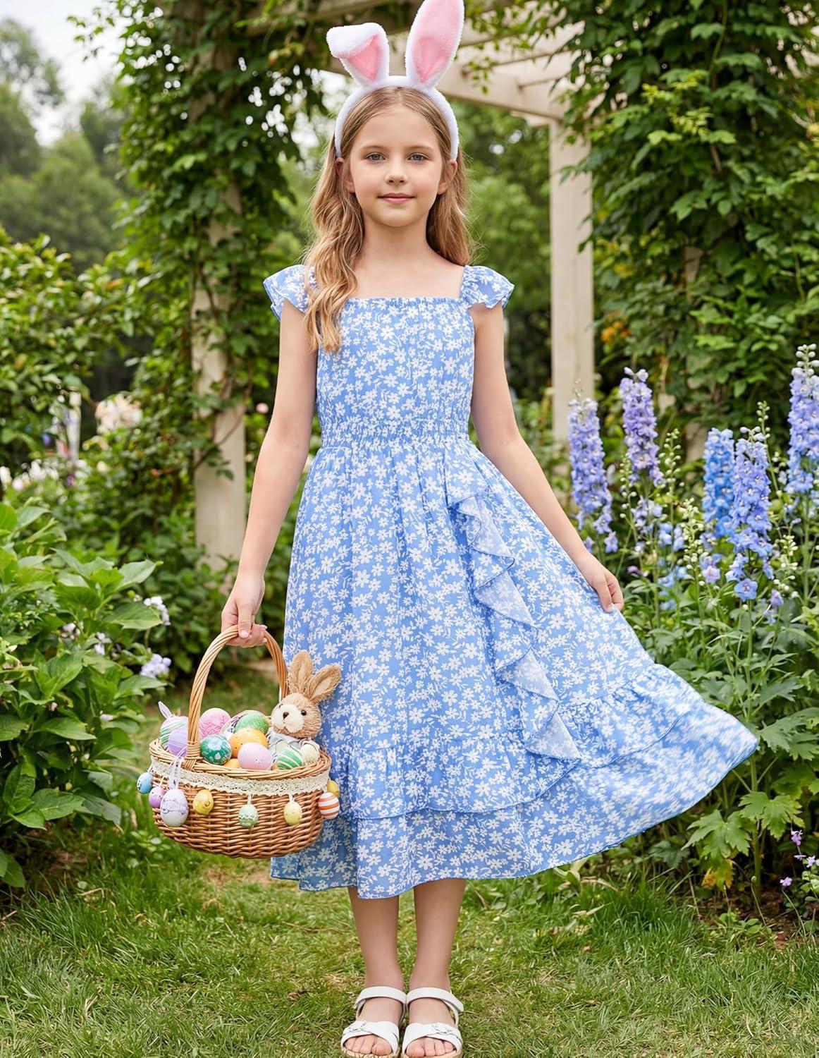 imageGRACE KARIN Girls Flutter Sleeve Smocked Floral Dresses Kids Easter Spring Summer Dress Teen Hawaiian Maxi Long DressesBlue Floral