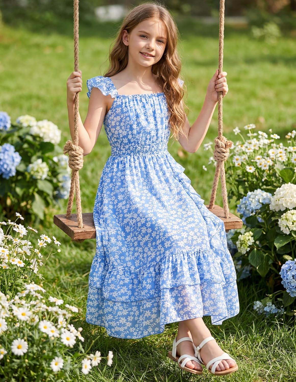 imageGRACE KARIN Girls Flutter Sleeve Smocked Floral Dresses Kids Easter Spring Summer Dress Teen Hawaiian Maxi Long DressesBlue Floral
