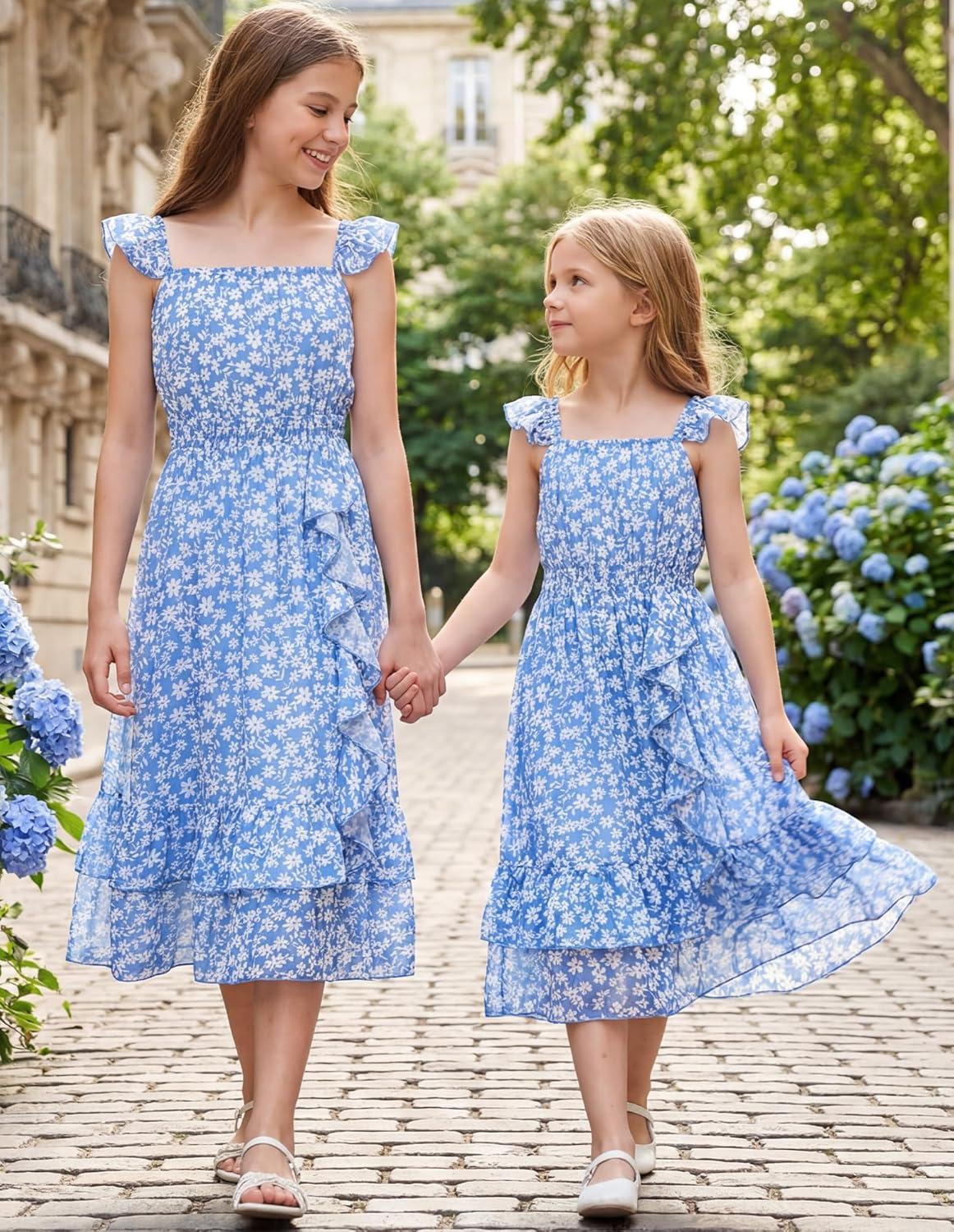 imageGRACE KARIN Girls Flutter Sleeve Smocked Floral Dresses Kids Easter Spring Summer Dress Teen Hawaiian Maxi Long DressesBlue Floral