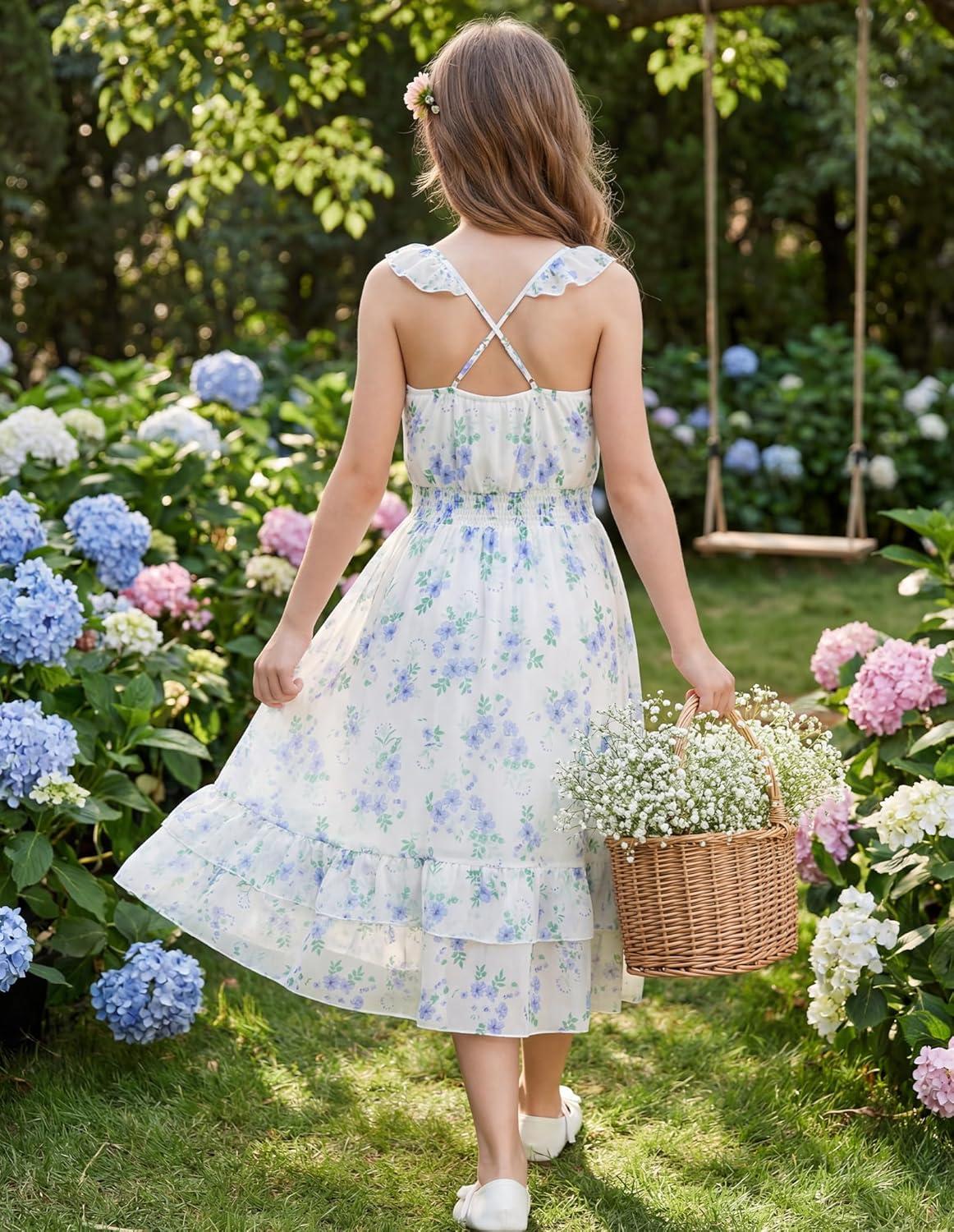 imageGRACE KARIN Girls Flutter Sleeve Smocked Floral Dresses Kids Easter Spring Summer Dress Teen Hawaiian Maxi Long DressesBlue Flower