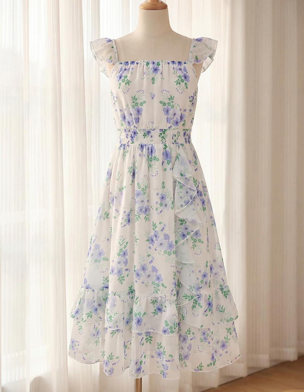 imageGRACE KARIN Girls Flutter Sleeve Smocked Floral Dresses Kids Easter Spring Summer Dress Teen Hawaiian Maxi Long DressesBlue Flower