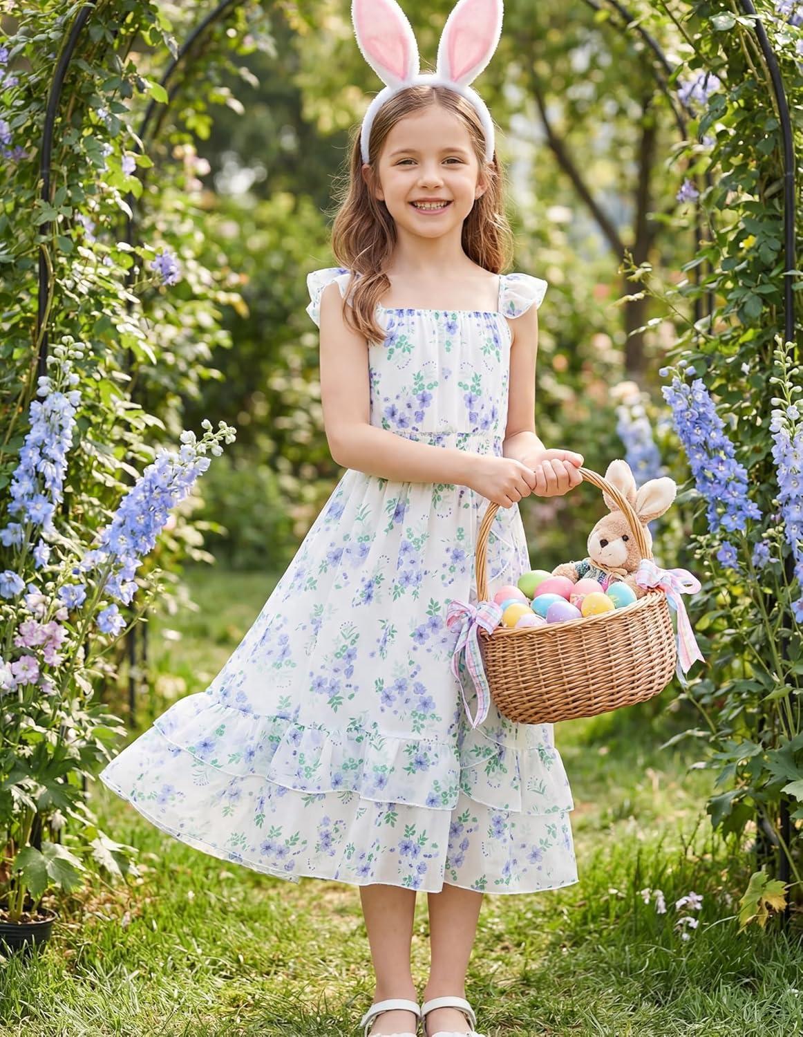 imageGRACE KARIN Girls Flutter Sleeve Smocked Floral Dresses Kids Easter Spring Summer Dress Teen Hawaiian Maxi Long DressesBlue Flower