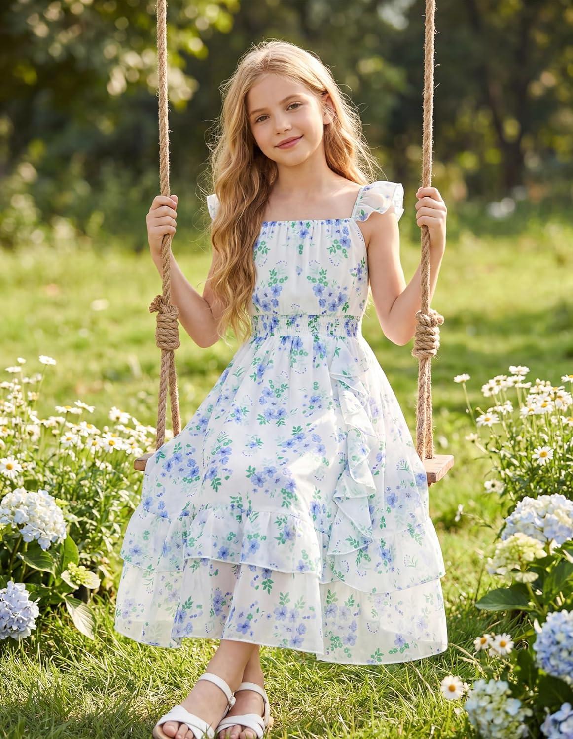 imageGRACE KARIN Girls Flutter Sleeve Smocked Floral Dresses Kids Easter Spring Summer Dress Teen Hawaiian Maxi Long DressesBlue Flower