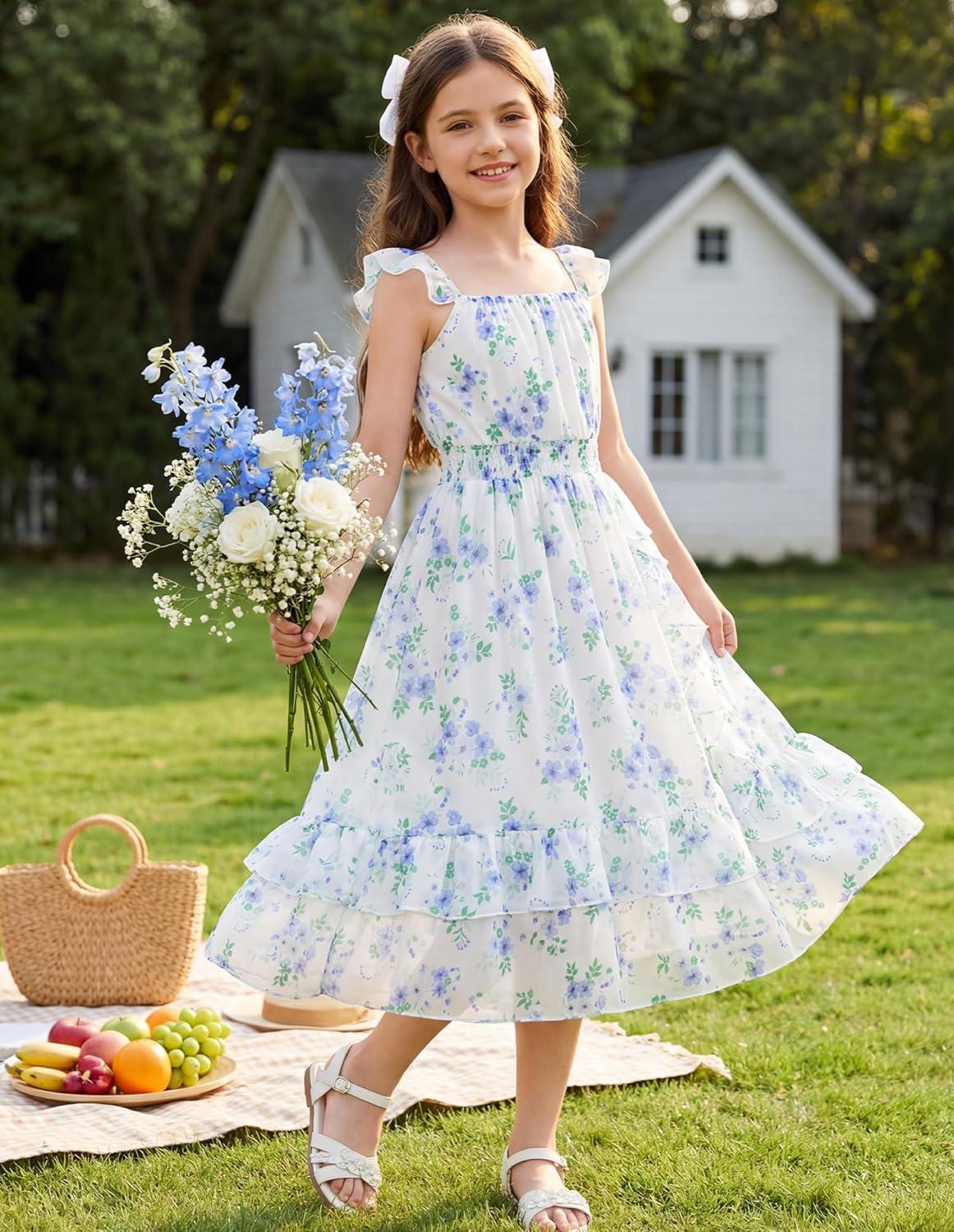 imageGRACE KARIN Girls Flutter Sleeve Smocked Floral Dresses Kids Easter Spring Summer Dress Teen Hawaiian Maxi Long DressesBlue Flower