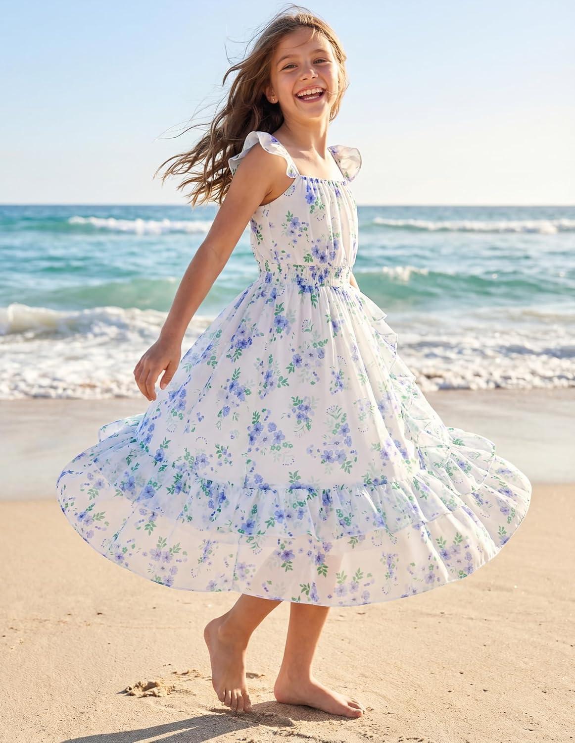 imageGRACE KARIN Girls Flutter Sleeve Smocked Floral Dresses Kids Easter Spring Summer Dress Teen Hawaiian Maxi Long DressesBlue Flower