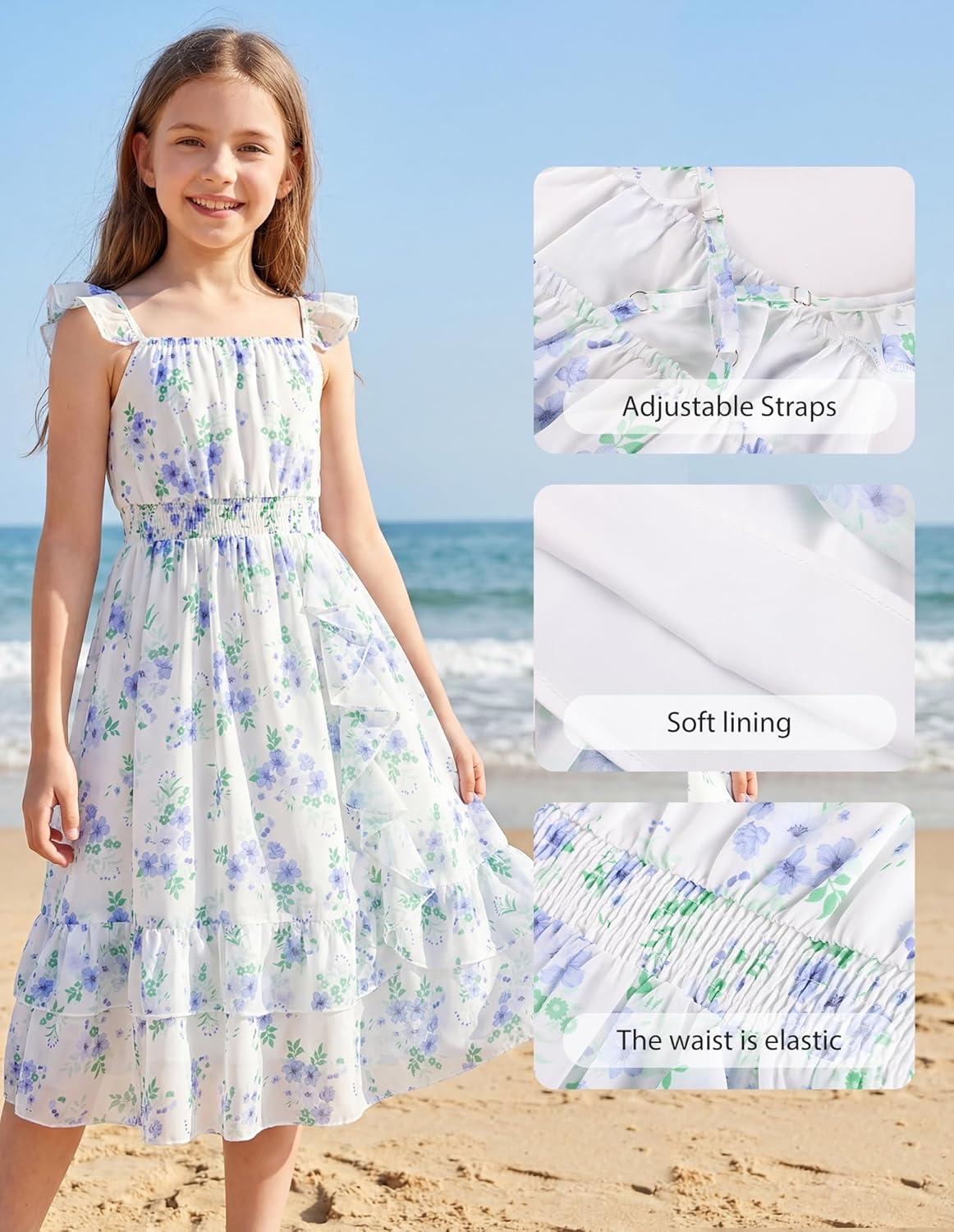 imageGRACE KARIN Girls Flutter Sleeve Smocked Floral Dresses Kids Easter Spring Summer Dress Teen Hawaiian Maxi Long DressesBlue Flower