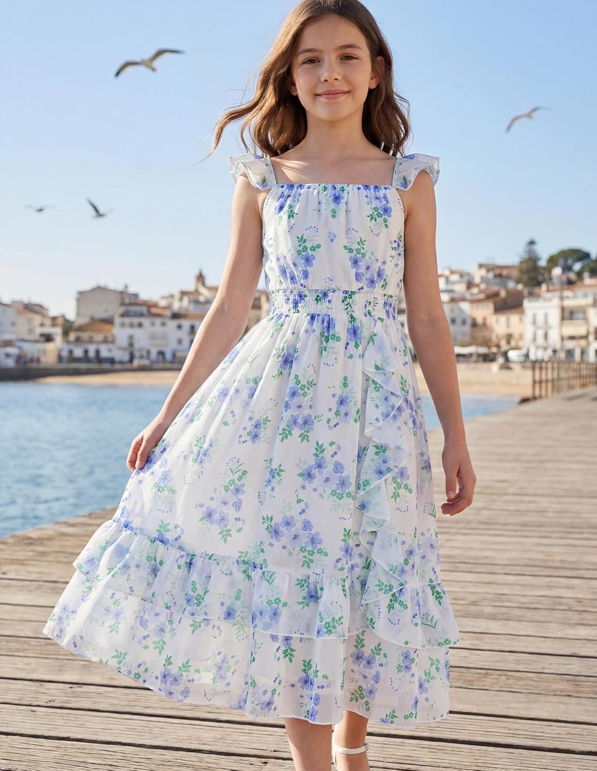 imageGRACE KARIN Girls Flutter Sleeve Smocked Floral Dresses Kids Easter Spring Summer Dress Teen Hawaiian Maxi Long DressesBlue Flower
