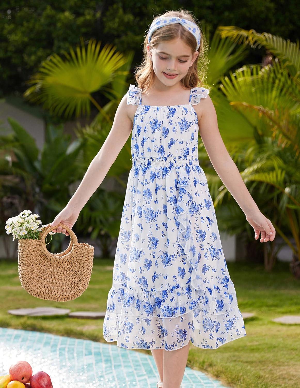 imageGRACE KARIN Girls Flutter Sleeve Smocked Floral Dresses Kids Easter Spring Summer Dress Teen Hawaiian Maxi Long DressesBlue Flowers on White