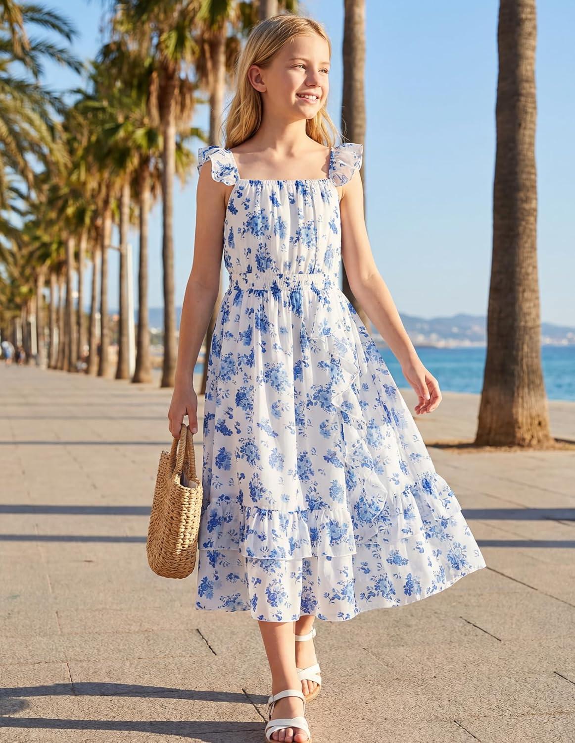 imageGRACE KARIN Girls Flutter Sleeve Smocked Floral Dresses Kids Easter Spring Summer Dress Teen Hawaiian Maxi Long DressesBlue Flowers on White