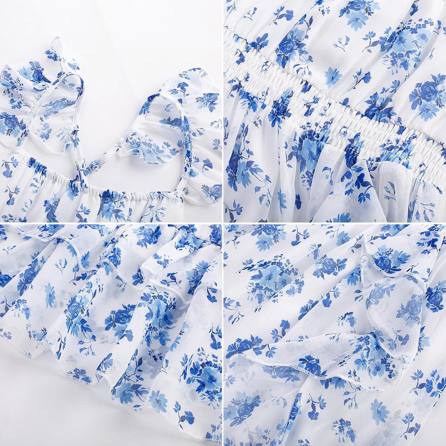 imageGRACE KARIN Girls Flutter Sleeve Smocked Floral Dresses Kids Easter Spring Summer Dress Teen Hawaiian Maxi Long DressesBlue Flowers on White