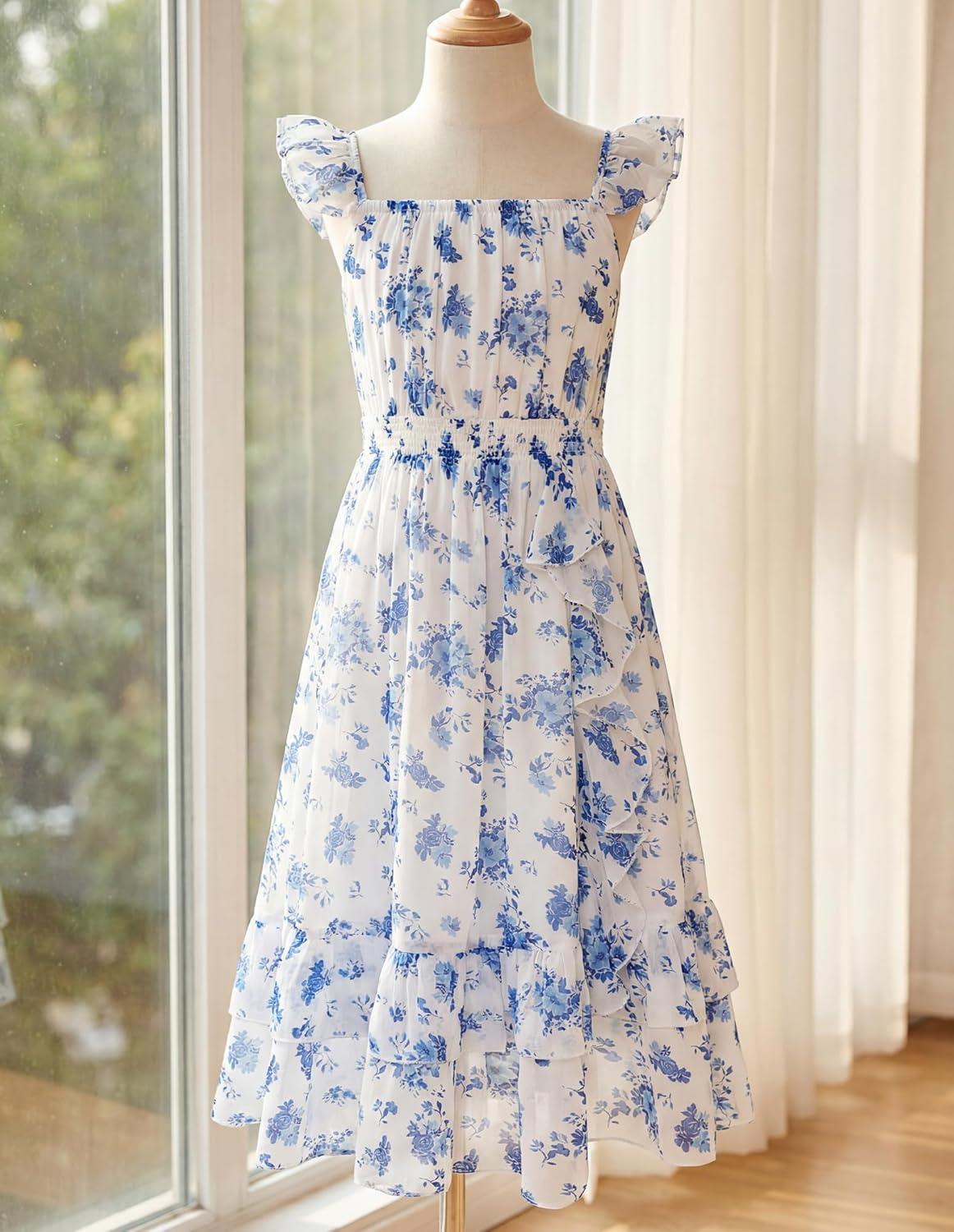 imageGRACE KARIN Girls Flutter Sleeve Smocked Floral Dresses Kids Easter Spring Summer Dress Teen Hawaiian Maxi Long DressesBlue Flowers on White