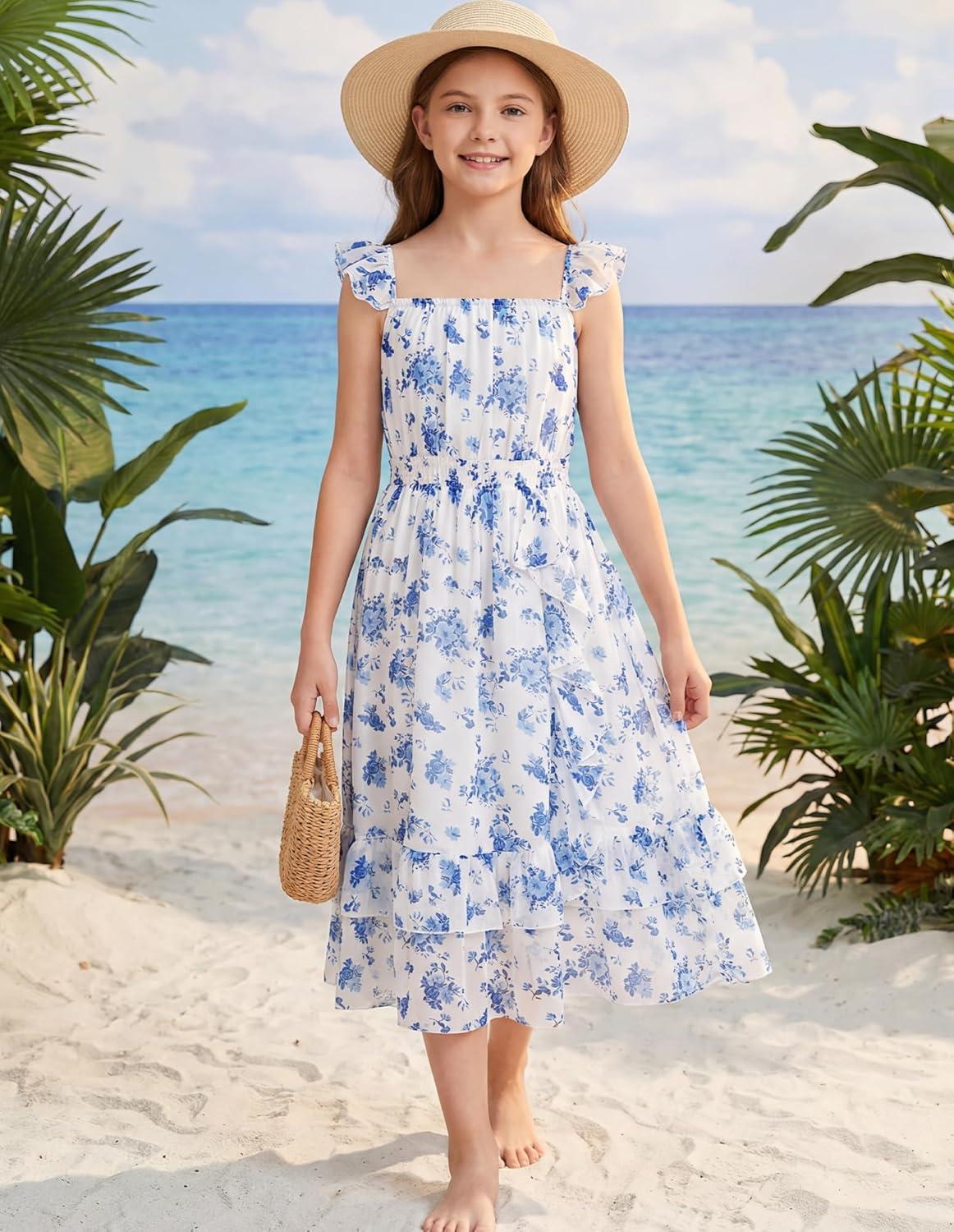 imageGRACE KARIN Girls Flutter Sleeve Smocked Floral Dresses Kids Easter Spring Summer Dress Teen Hawaiian Maxi Long DressesBlue Flowers on White