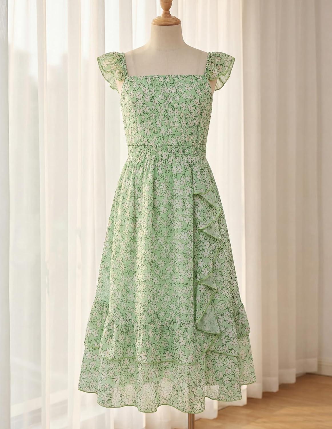imageGRACE KARIN Girls Flutter Sleeve Smocked Floral Dresses Kids Easter Spring Summer Dress Teen Hawaiian Maxi Long DressesGreen Floral