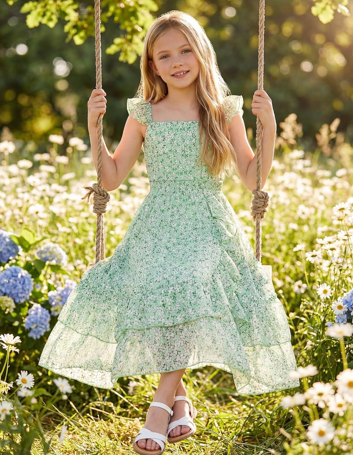 imageGRACE KARIN Girls Flutter Sleeve Smocked Floral Dresses Kids Easter Spring Summer Dress Teen Hawaiian Maxi Long DressesGreen Floral
