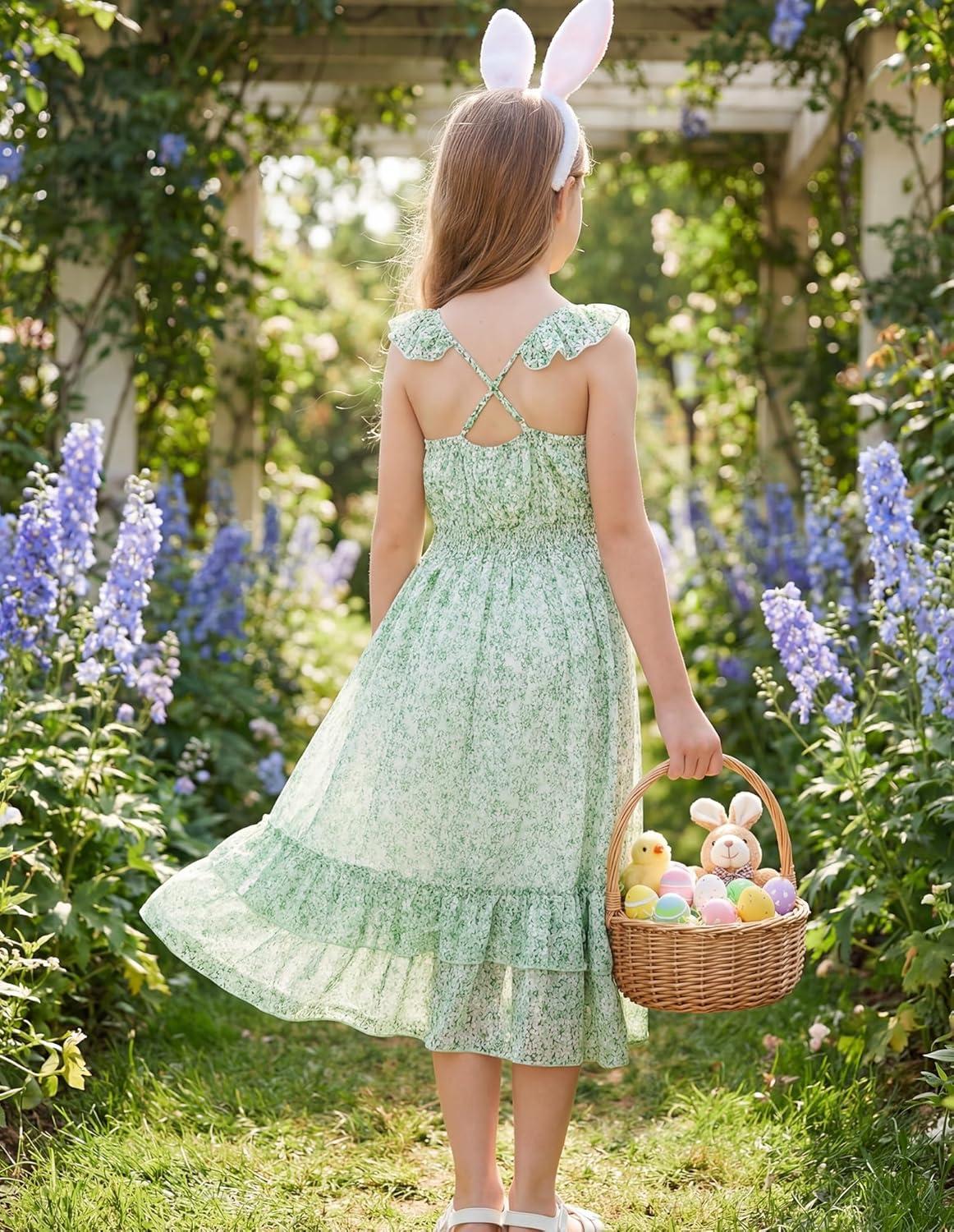 imageGRACE KARIN Girls Flutter Sleeve Smocked Floral Dresses Kids Easter Spring Summer Dress Teen Hawaiian Maxi Long DressesGreen Floral