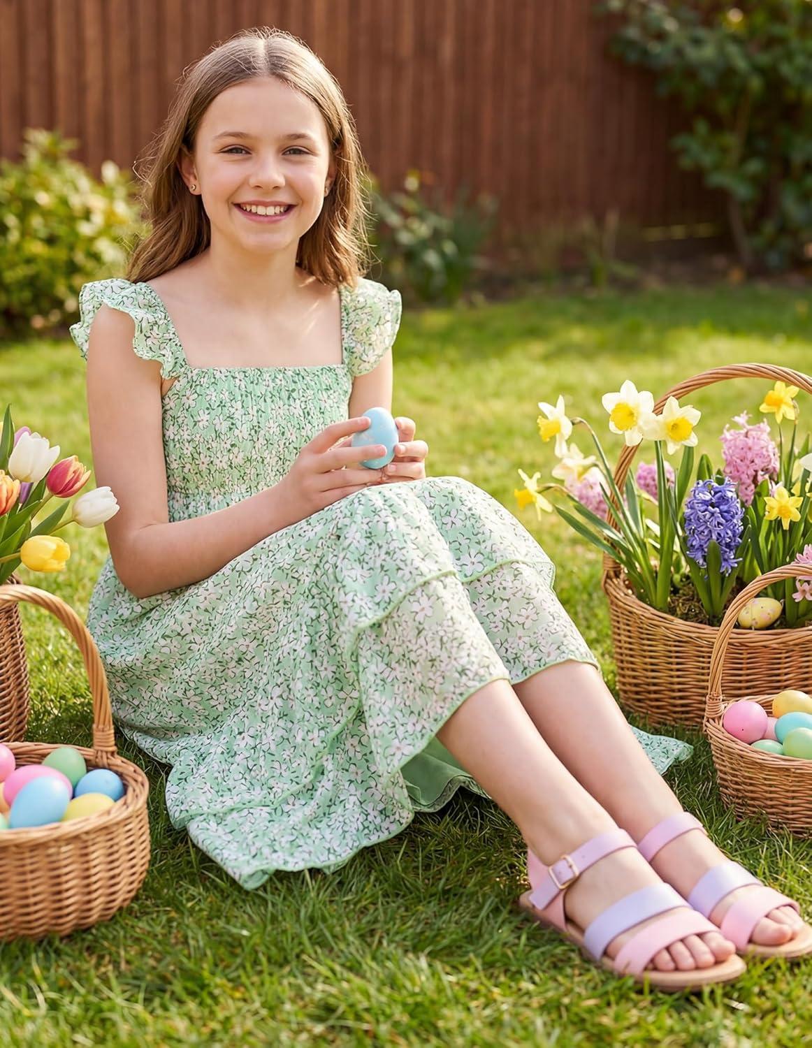 imageGRACE KARIN Girls Flutter Sleeve Smocked Floral Dresses Kids Easter Spring Summer Dress Teen Hawaiian Maxi Long DressesGreen Floral