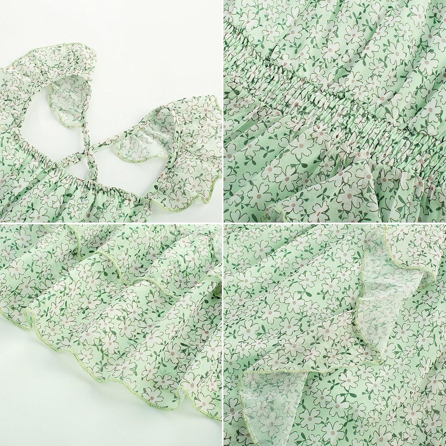 imageGRACE KARIN Girls Flutter Sleeve Smocked Floral Dresses Kids Easter Spring Summer Dress Teen Hawaiian Maxi Long DressesGreen Floral