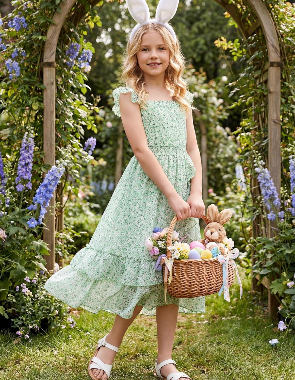 imageGRACE KARIN Girls Flutter Sleeve Smocked Floral Dresses Kids Easter Spring Summer Dress Teen Hawaiian Maxi Long DressesGreen Floral