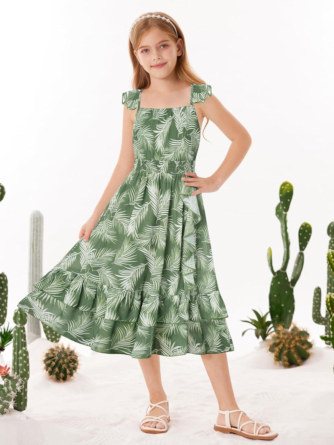 imageGRACE KARIN Girls Flutter Sleeve Smocked Floral Dresses Kids Easter Spring Summer Dress Teen Hawaiian Maxi Long DressesGreen Leaves