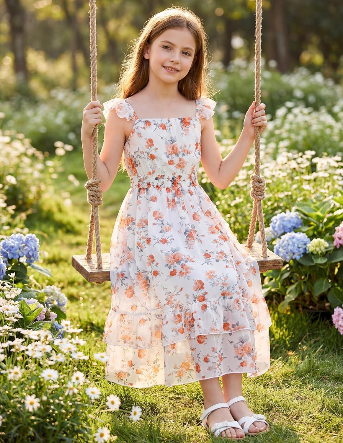 imageGRACE KARIN Girls Flutter Sleeve Smocked Floral Dresses Kids Easter Spring Summer Dress Teen Hawaiian Maxi Long DressesOrange Floral