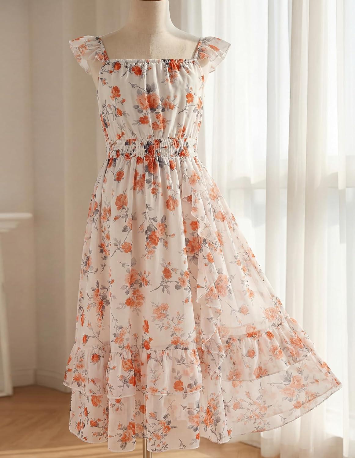 imageGRACE KARIN Girls Flutter Sleeve Smocked Floral Dresses Kids Easter Spring Summer Dress Teen Hawaiian Maxi Long DressesOrange Floral