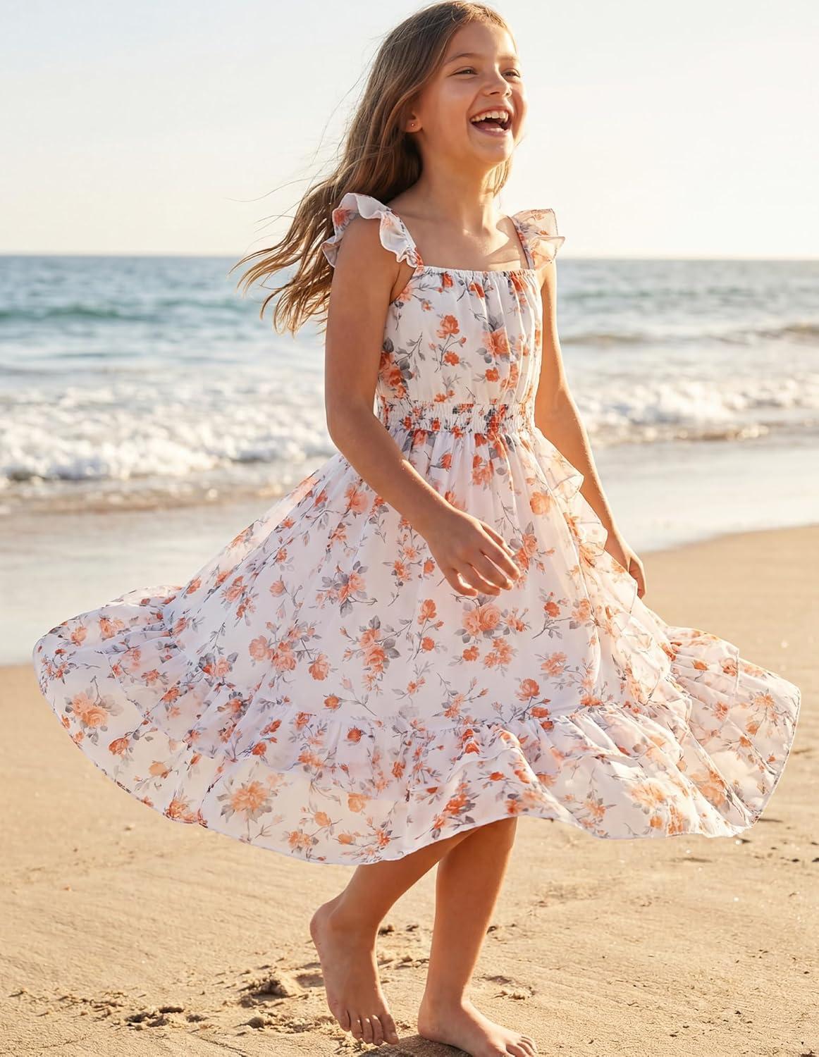 imageGRACE KARIN Girls Flutter Sleeve Smocked Floral Dresses Kids Easter Spring Summer Dress Teen Hawaiian Maxi Long DressesOrange Floral