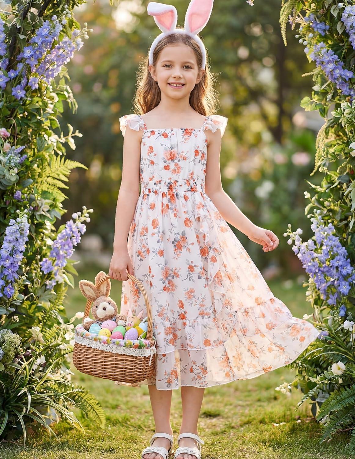 imageGRACE KARIN Girls Flutter Sleeve Smocked Floral Dresses Kids Easter Spring Summer Dress Teen Hawaiian Maxi Long DressesOrange Floral